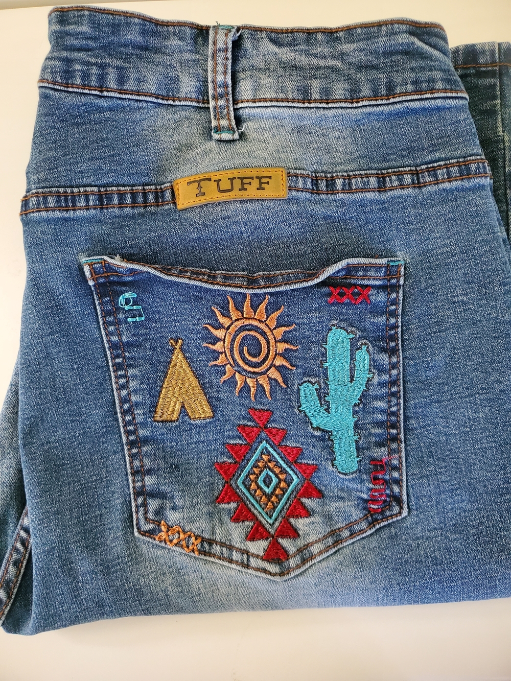 Cowgirl Tuff Blue Straight-Leg Jeans with Southwestern Embroidery